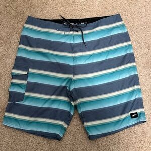 O’Neill Men’s Boardshorts Swim Trunks Size 38‎ in Navy & Teal Stripes EUC
